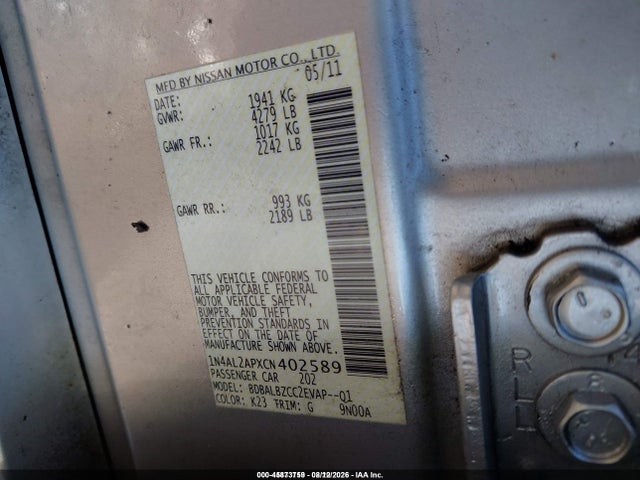 2012 Nissan Altima 2.5 S მანქანა იყიდება აუქციონზე, vin: 1N4AL2APXCN402589, აუქციონის ნომერი: 45873759