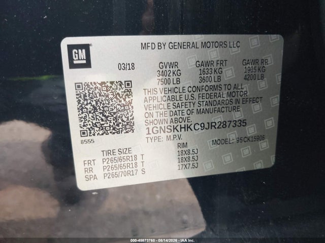 45873760 :رقم المزاد ، 1GNSKHKC9JR287335 vin ، 2018 Chevrolet Suburban Lt مزاد بيع