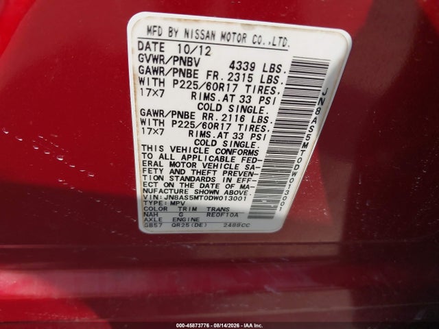 Aukcja sprzedaży 2013 Nissan Rogue Sv, vin: JN8AS5MT0DW013001, numer aukcji: 45873776