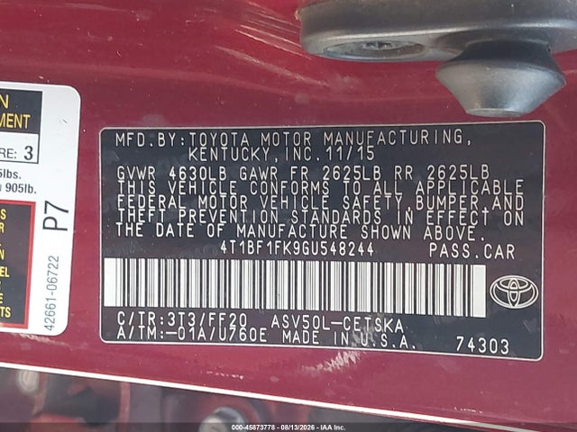 2016 Toyota Camry Se მანქანა იყიდება აუქციონზე, vin: 4T1BF1FK9GU548244, აუქციონის ნომერი: 45873778