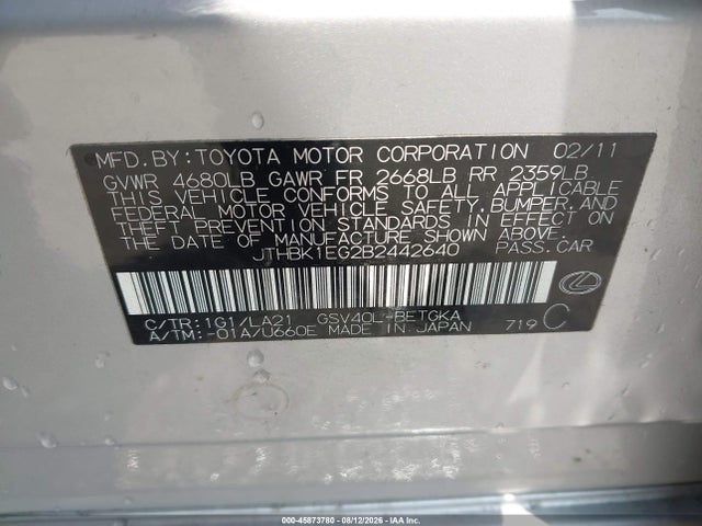 45873780 :رقم المزاد ، JTHBK1EG2B2442640 vin ، 2011 Lexus Es 350 مزاد بيع