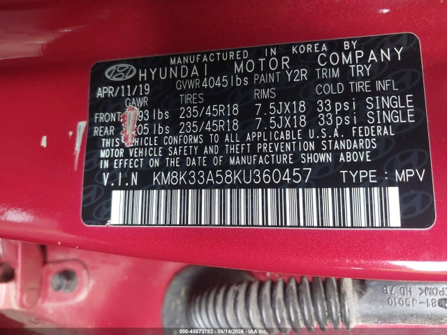 2019 Hyundai Kona Limited მანქანა იყიდება აუქციონზე, vin: KM8K33A58KU360457, აუქციონის ნომერი: 45873782