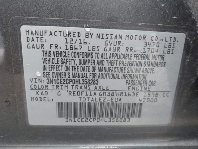 45873783 :رقم المزاد ، 3N1CE2CP0HL358283 vin ، 2017 Nissan Versa Note Sl مزاد بيع