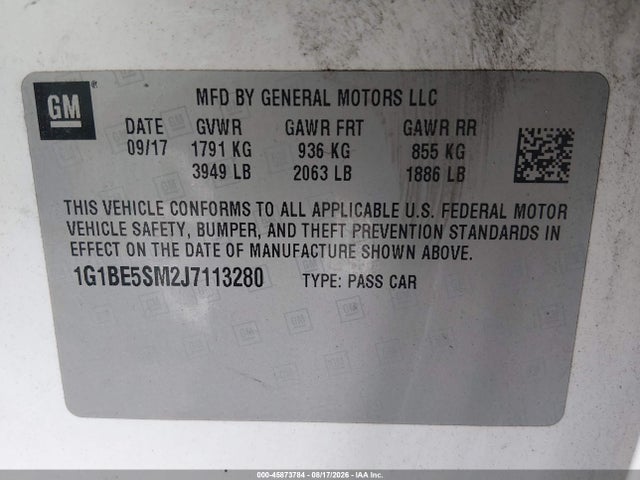 45873784 :رقم المزاد ، 1G1BE5SM2J7113280 vin ، 2018 Chevrolet Cruze Lt Auto مزاد بيع