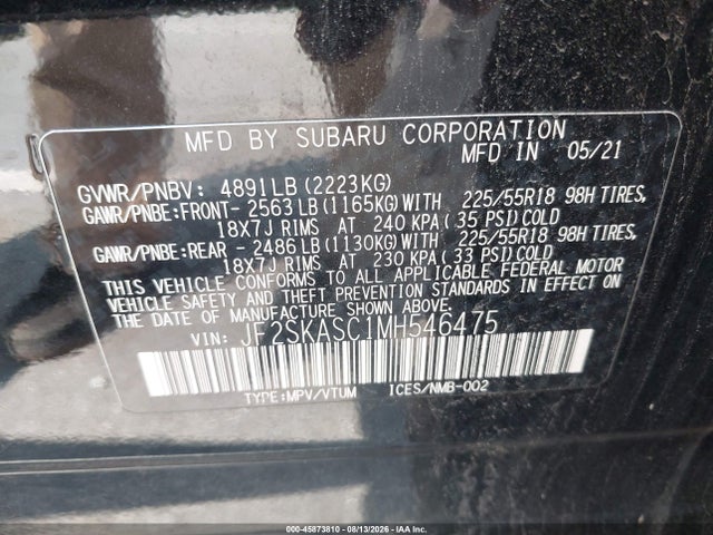Aukcja sprzedaży 2021 Subaru Forester Limited, vin: JF2SKASC1MH546475, numer aukcji: 45873810