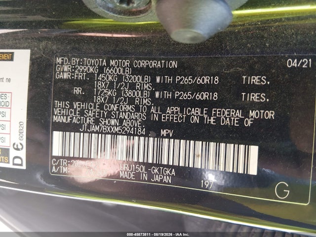 Продаж на аукціоні авто 2021 Lexus Gx 460 Premium, vin: JTJAM7BXXM5294184, номер лоту: 45873811