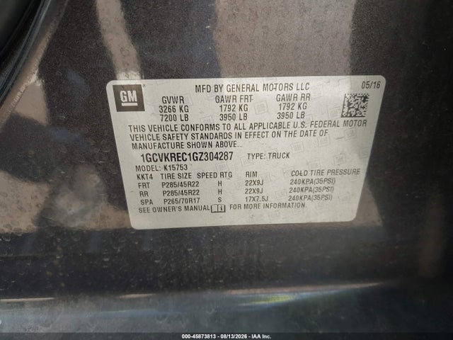Продажа на аукционе авто 2016 Chevrolet Silverado 1500 Lt, vin: 1GCVKREC1GZ304287, номер лота: 45873813