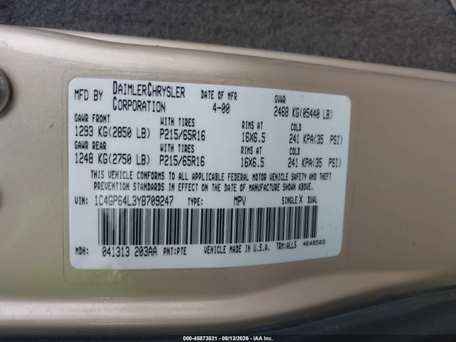 Продаж на аукціоні авто 2000 Chrysler Town & Country Limited, vin: 1C4GP64L3YB709247, номер лоту: 45873821