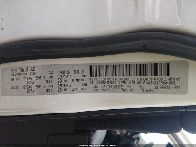2016 Jeep Cherokee Latitude მანქანა იყიდება აუქციონზე, vin: 1C4PJLCB8GW351739, აუქციონის ნომერი: 45873823
