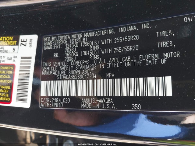 Aukcja sprzedaży 2025 Toyota Grand Highlander Hybrid Limited, vin: 5TDACAB52SS047234, numer aukcji: 45873842