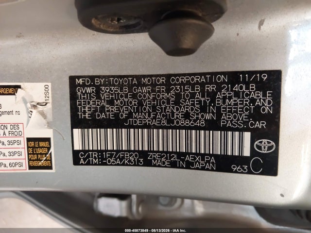 2020 Toyota Corolla Le მანქანა იყიდება აუქციონზე, vin: JTDEPRAE8LJ088648, აუქციონის ნომერი: 45873849