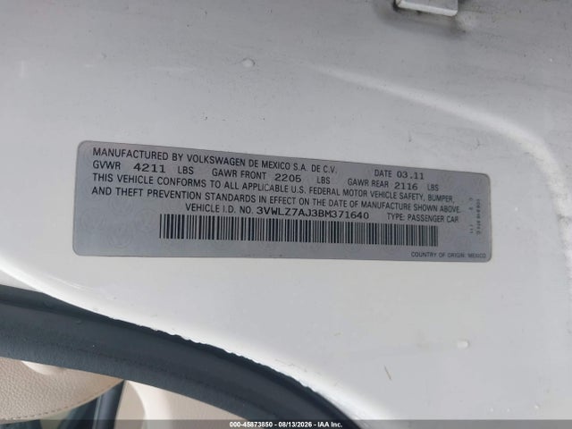 Продажа на аукционе авто 2011 Volkswagen Jetta 2.5l Sel, vin: 3VWLZ7AJ3BM371640, номер лота: 45873850