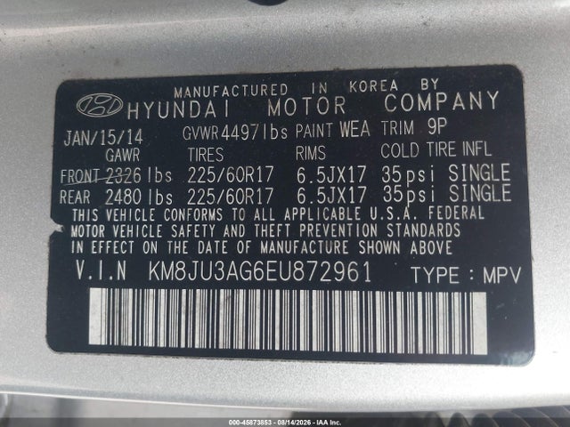 2014 Hyundai Tucson Se მანქანა იყიდება აუქციონზე, vin: KM8JU3AG6EU872961, აუქციონის ნომერი: 45873853