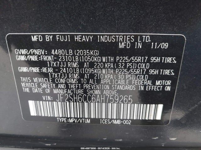 45873856 :رقم المزاد ، JF2SH6CC6AH759265 vin ، 2010 Subaru Forester 2.5x Premium مزاد بيع