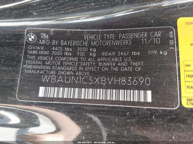 Продажа на аукционе авто 2011 Bmw 128i, vin: WBAUN1C5XBVH83690, номер лота: 45873873