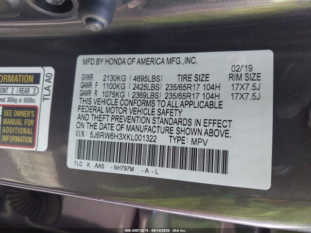 45873875 :رقم المزاد ، 5J6RW6H3XKL001322 vin ، 2019 Honda Cr-v Lx مزاد بيع