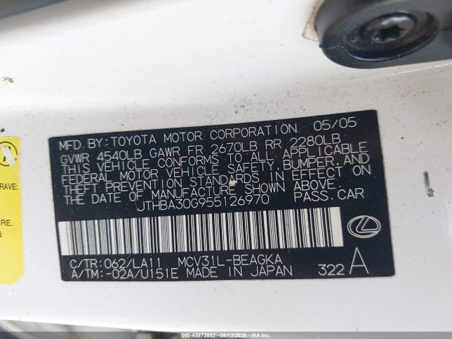 2005 Lexus Es 330 მანქანა იყიდება აუქციონზე, vin: JTHBA30G955126970, აუქციონის ნომერი: 45873882