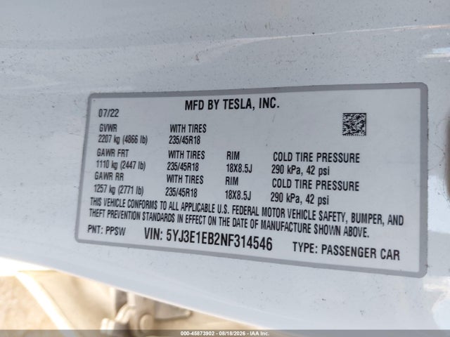 45873902 :رقم المزاد ، 5YJ3E1EB2NF314546 vin ، 2022 Tesla Model 3 Long Range Dual Motor All-wheel Drive مزاد بيع