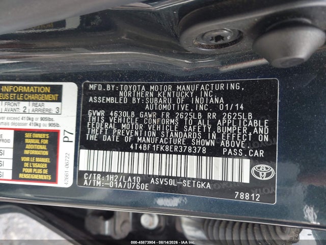 4T4BF1FK8ER378378 Toyota CAMRY XLE