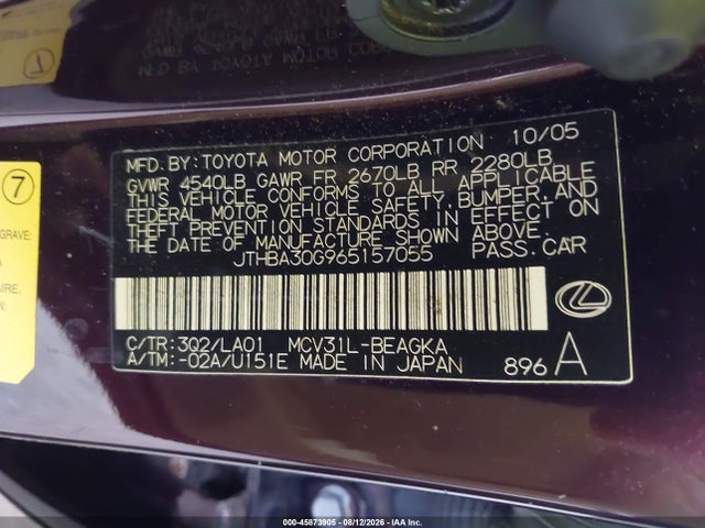 Продаж на аукціоні авто 2006 Lexus Es 330, vin: JTHBA30G965157055, номер лоту: 45873905
