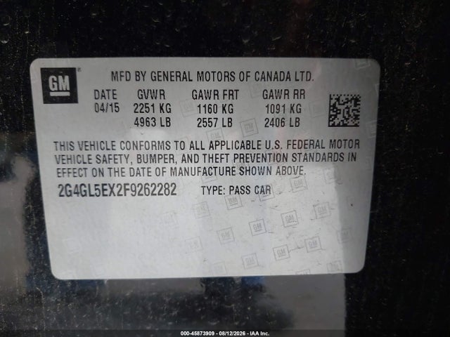 Продажа на аукционе авто 2015 Buick Regal Turbo, vin: 2G4GL5EX2F9262282, номер лота: 45873909