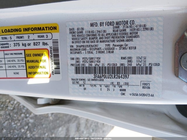 Продаж на аукціоні авто 2020 Ford Fusion Hybrid Se, vin: 3FA6P0LU2LR264397, номер лоту: 45873912