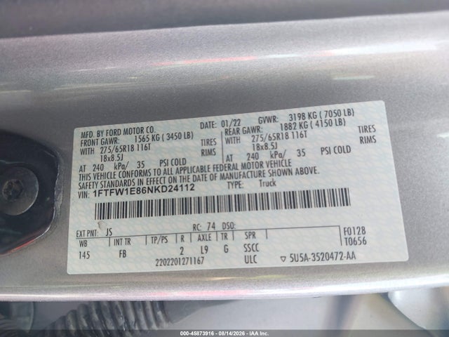 45873916 :رقم المزاد ، 1FTFW1E86NKD24112 vin ، 2022 Ford F-150 Xlt مزاد بيع