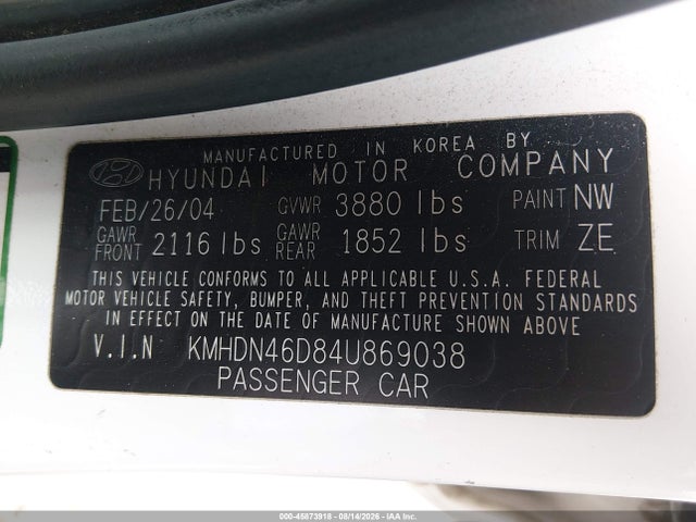 Продаж на аукціоні авто 2004 Hyundai Elantra Gls/gt, vin: KMHDN46D84U869038, номер лоту: 45873918