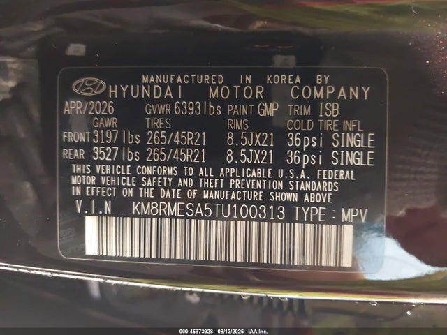Aukcja sprzedaży 2026 Hyundai Palisade Hev Calligraphy, vin: KM8RMESA5TU100313, numer aukcji: 45873928