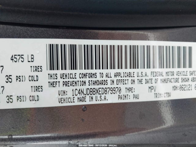 Продажа на аукционе авто 2014 Jeep Compass Sport, vin: 1C4NJDBBXED879970, номер лота: 45873940