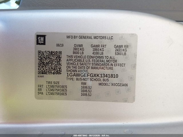 Aukcja sprzedaży 2019 Chevrolet Express 2500 Ls, vin: 1GAWGEFGXK1341810, numer aukcji: 45873943