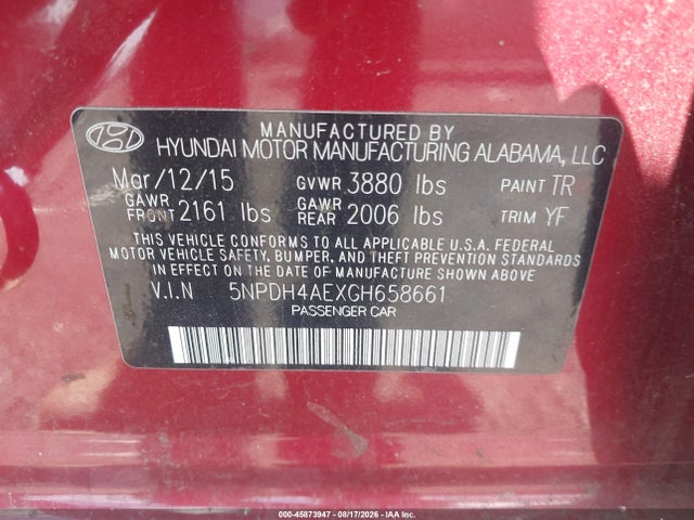 45873947 :رقم المزاد ، 5NPDH4AEXGH658661 vin ، 2016 Hyundai Elantra Se مزاد بيع