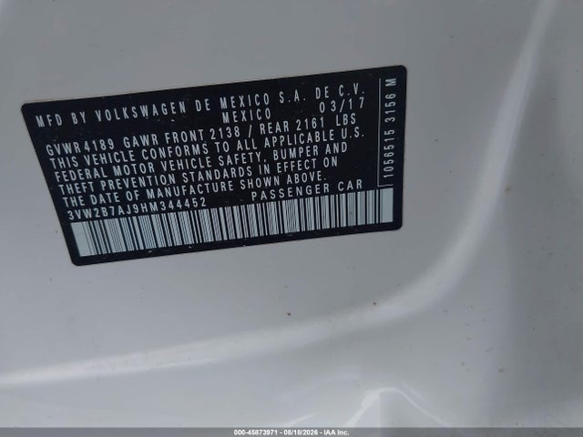 Продажа на аукционе авто 2017 Volkswagen Jetta 1.4t S, vin: 3VW2B7AJ9HM344452, номер лота: 45873971