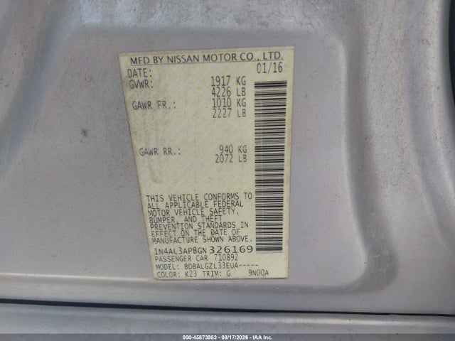 45873983 :رقم المزاد ، 1N4AL3AP8GN326169 vin ، 2016 Nissan Altima 2.5/2.5 S/2.5 Sl/2.5 Sr/2.5 Sv مزاد بيع