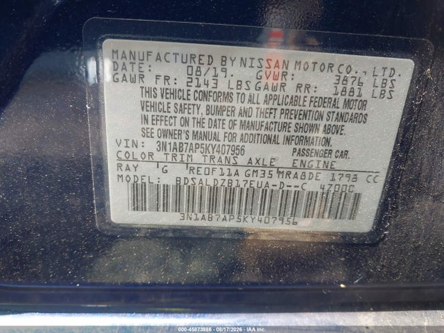 45873986 :رقم المزاد ، 3N1AB7AP5KY407956 vin ، 2019 Nissan Sentra Sv مزاد بيع