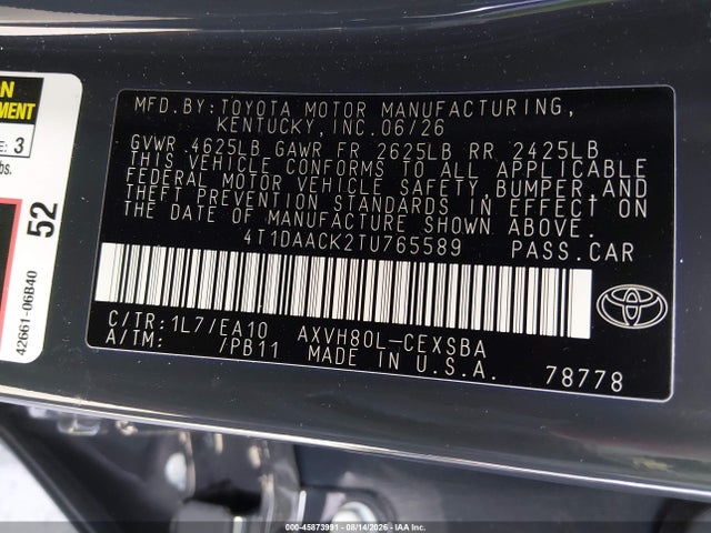 2026 Toyota Camry Se მანქანა იყიდება აუქციონზე, vin: 4T1DAACK2TU765589, აუქციონის ნომერი: 45873991