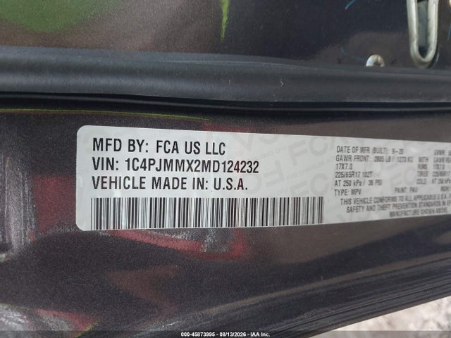Продажа на аукционе авто 2021 Jeep Cherokee Latitude Lux 4x4, vin: 1C4PJMMX2MD124232, номер лота: 45873995