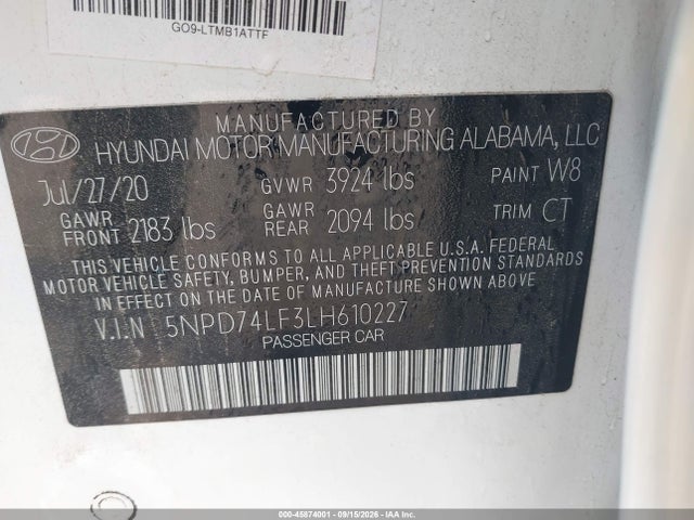 Aukcja sprzedaży 2020 Hyundai Elantra Se, vin: 5NPD74LF3LH610227, numer aukcji: 45874001