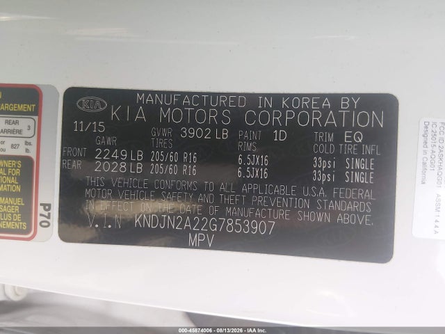 Продаж на аукціоні авто 2016 Kia Soul, vin: KNDJN2A22G7853907, номер лоту: 45874006