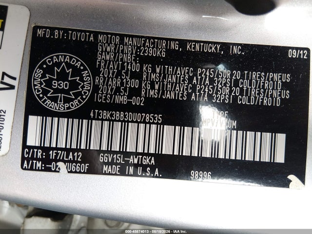 Продаж на аукціоні авто 2013 Toyota Venza Base V6, vin: 4T3BK3BB3DU078535, номер лоту: 45874013