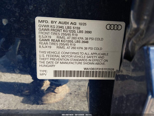 Aukcja sprzedaży 2025 Audi Q3 Premium 45 Tfsi S Line Quattro Tiptronic, vin: WA1DECF31S1112528, numer aukcji: 45874030
