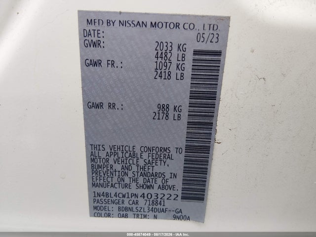 45874049 :رقم المزاد ، 1N4BL4CW1PN403222 vin ، 2023 Nissan Altima Sr Intelligent Awd مزاد بيع