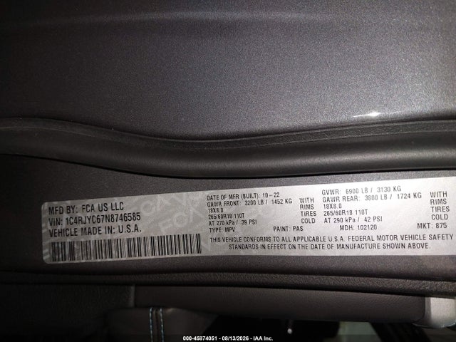Продажа на аукционе авто 2022 Jeep Grand Cherokee 4xe Trailhawk 4x4, vin: 1C4RJYC67N8746585, номер лота: 45874051