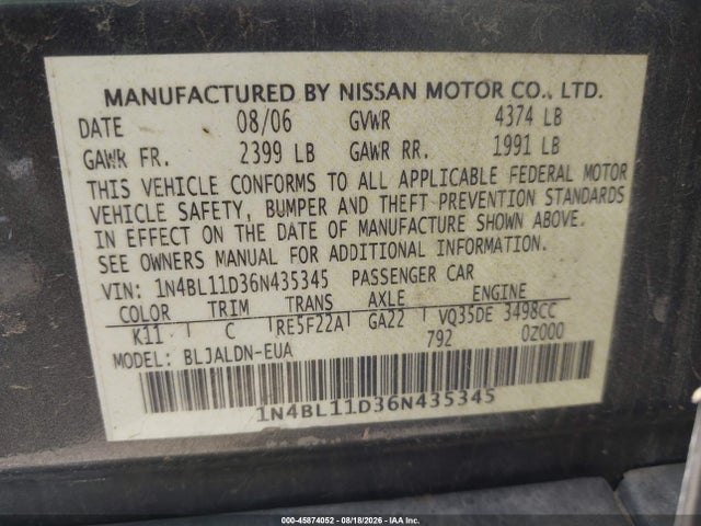 45874052 :رقم المزاد ، 1N4BL11D36N435345 vin ، 2006 Nissan Altima 3.5 Sl مزاد بيع