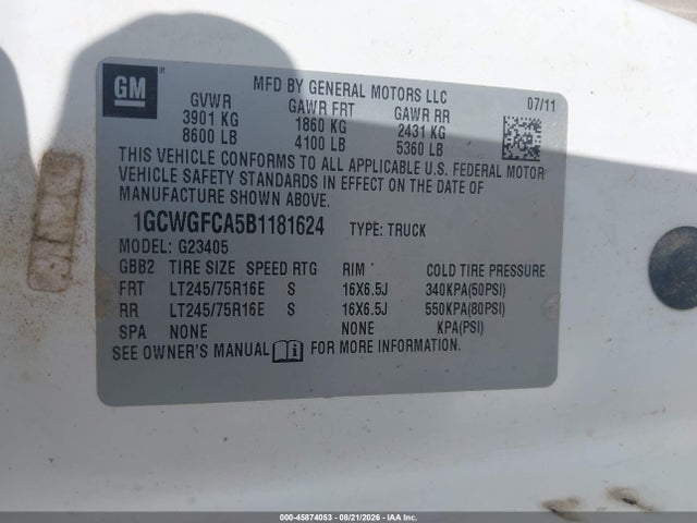 Aukcja sprzedaży 2011 Chevrolet Express 2500, vin: 1GCWGFCA5B1181624, numer aukcji: 45874053