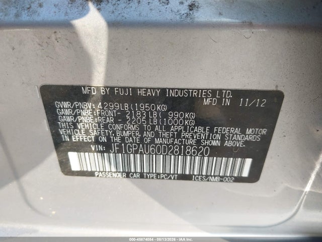 45874084 :رقم المزاد ، JF1GPAU60D2818620 vin ، 2013 Subaru Impreza 2.0i Sport Limited مزاد بيع