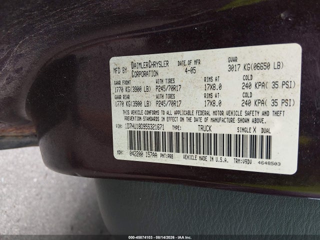 45874103 :رقم المزاد ، 1D7HU18D95S321671 vin ، 2005 Dodge Ram 1500 Slt/laramie مزاد بيع