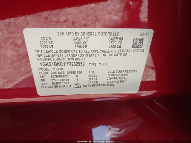 Продаж на аукціоні авто 2017 Gmc Yukon Slt, vin: 1GKS1BKC1HR282959, номер лоту: 45874106