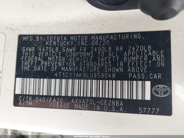 Продаж на аукціоні авто 2020 Toyota Camry Le, vin: 4T1C11AK9LU959048, номер лоту: 45874108