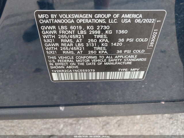 2022 Volkswagen Atlas 3.6l V6 Se W/technology მანქანა იყიდება აუქციონზე, vin: 1V2KR2CA1NC559379, აუქციონის ნომერი: 45874109